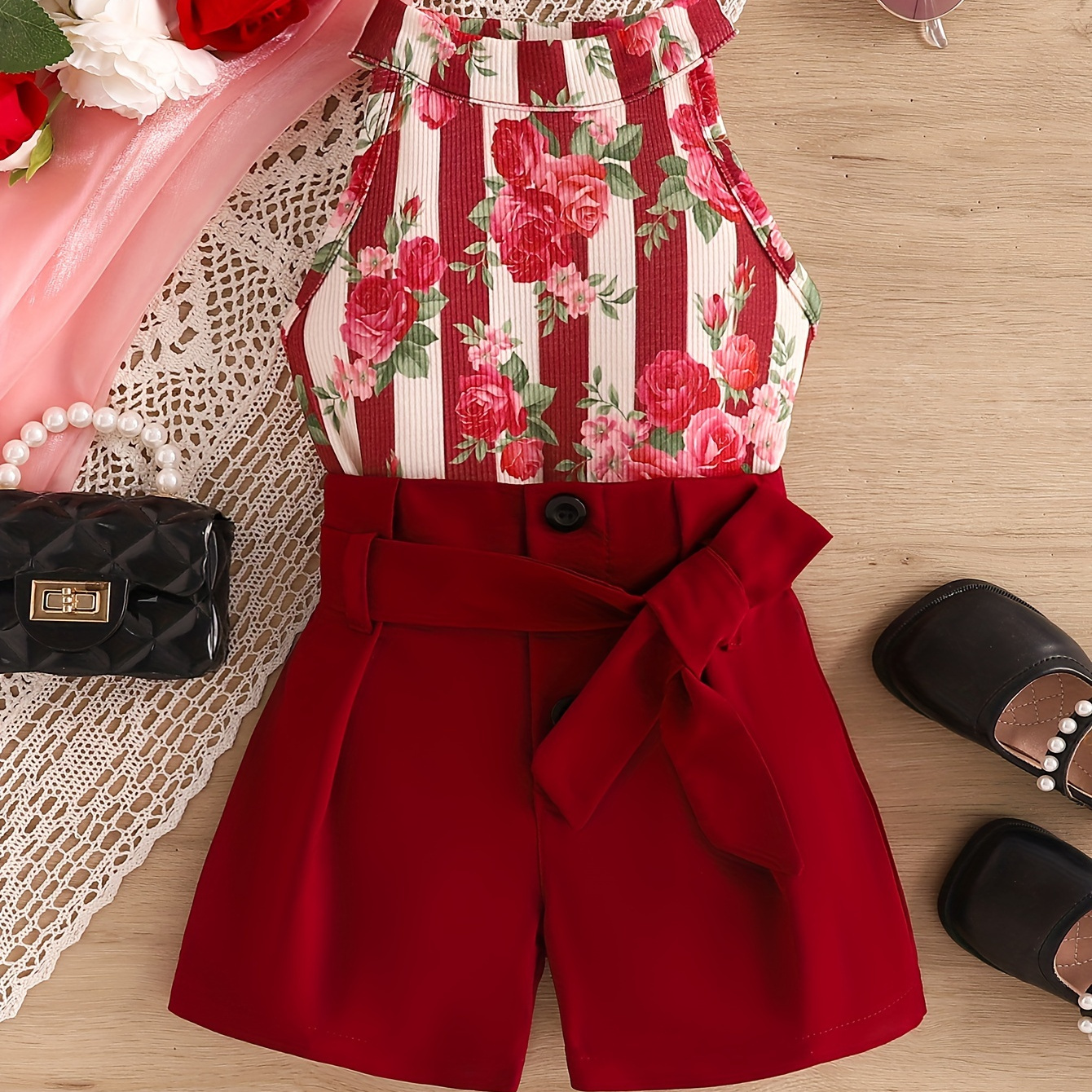 

Red Rose Print Girls Outfit, Halter Neck Stripe Top & Belt Shorts Set Holiday Going Out 2pcs Summer Clothes