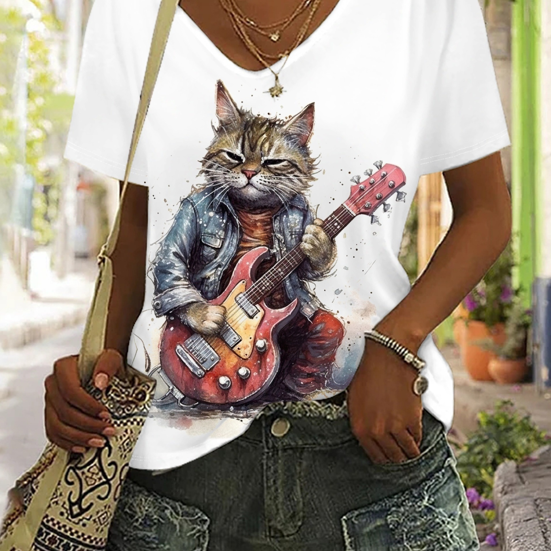 

Cat Print V Neck T-shirt, Casual Short Sleeve Top For Spring & Summer, Women's Clothing