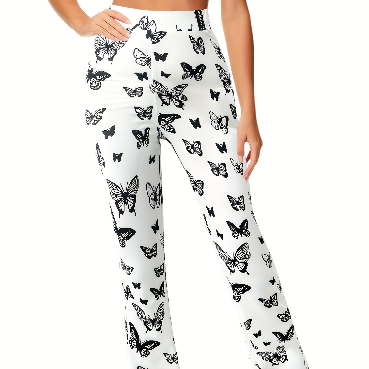 Butterfly Print Flare Leg Pants, Casual Forbidden Pants For Spring &  Summer, Women's Clothing