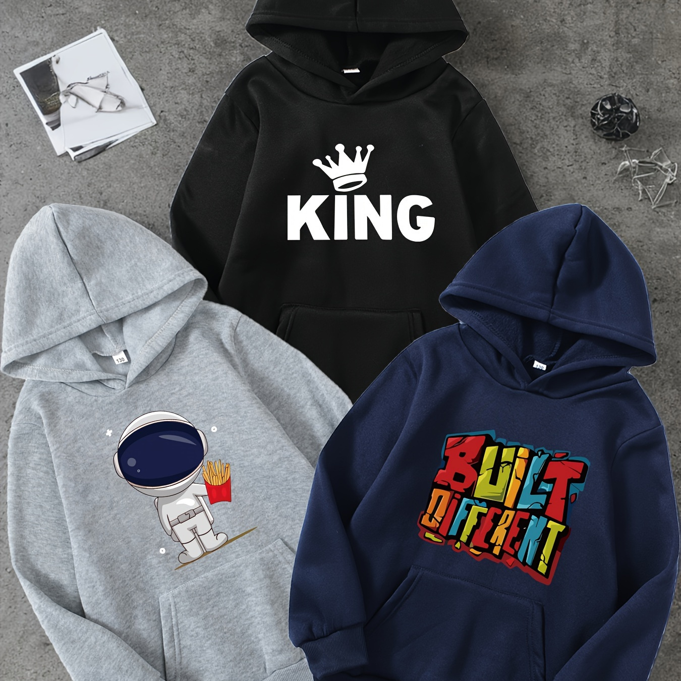 

3pcs King&&astronaut Print Boys Warm Fleece Hoodies, Long Sleeve Sweatshirt Top, Trendy Style, Boys Clothes For Winter