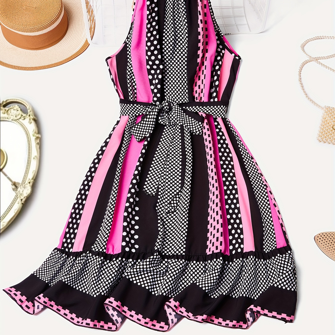 

Plus Size Polka Dot & Stripe Print Belted Halter Dress, Casual Sleeveless Ruffle Hem Dress For Spring & Summer, Women's Plus Size Clothing
