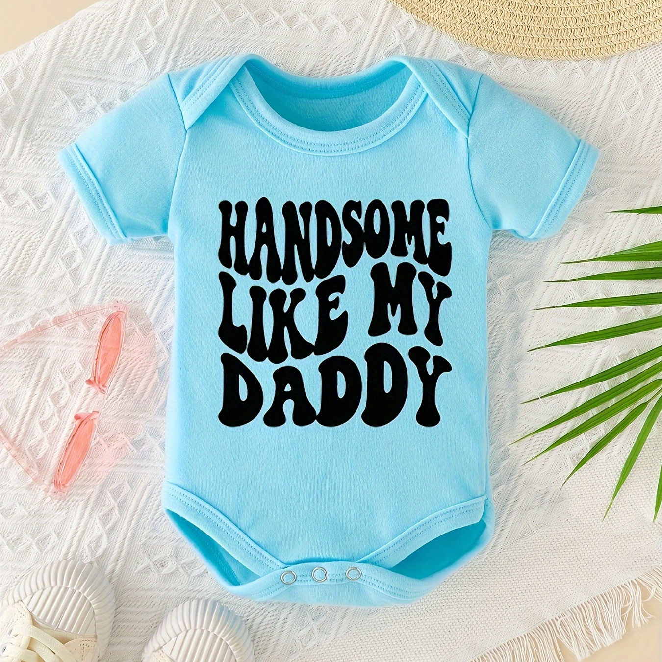 

Infant's "handsome Like My Daddy" Print Bodysuit, Comfy Short Sleeve Onesie, Baby Boy's Clothing