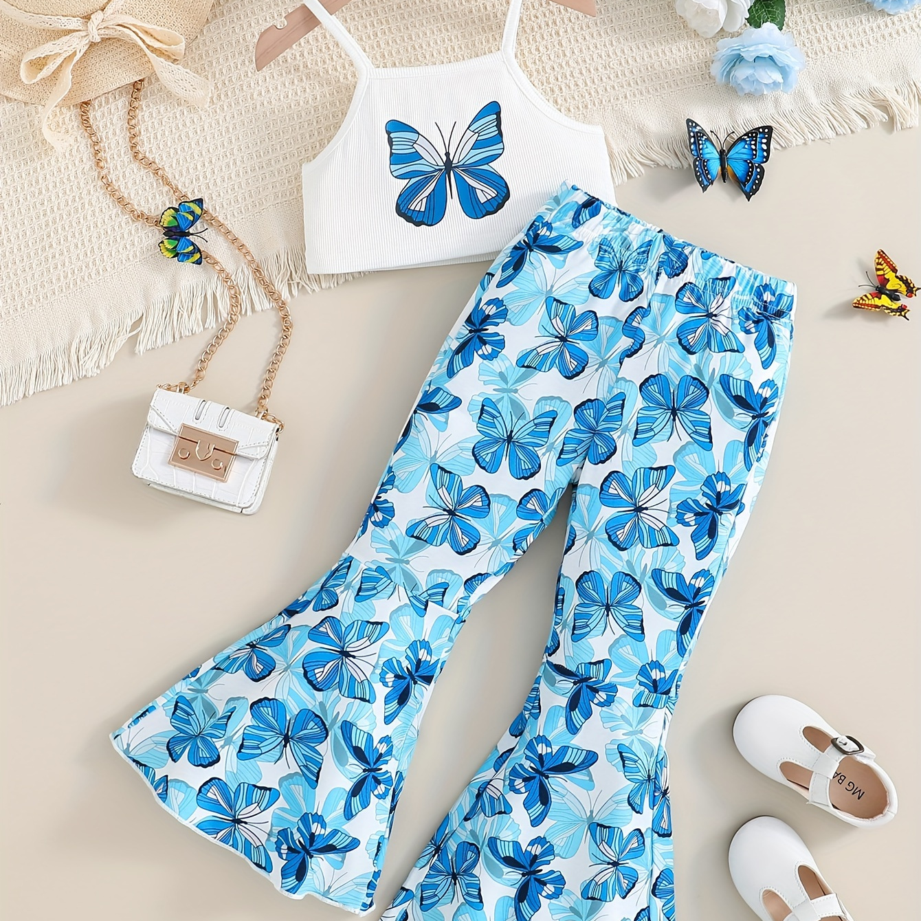 

2pcs, Butterfly Graphic Crop Cami Top + Flare Pants Set For Girls, Comfy And Trendy Summer Gift