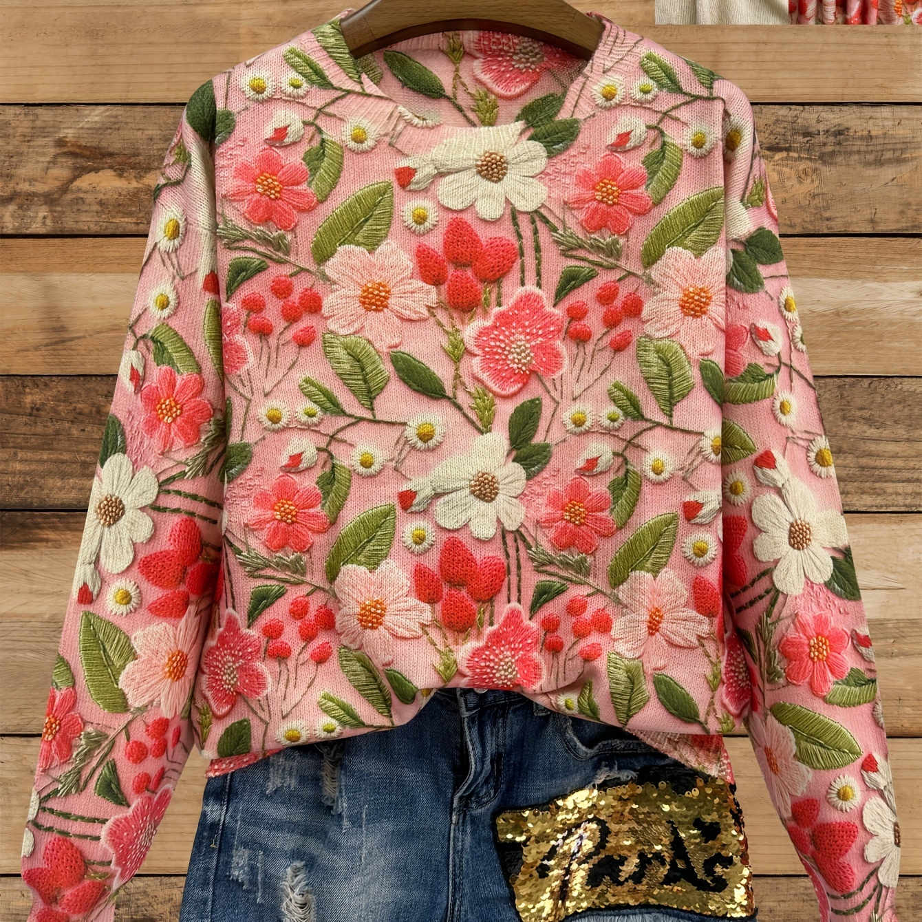 

Floral Print Drop Shoulder Sweater, Stylish Crew Neck Long Sleeve Pullover Sweater For Spring & Fall, Women's Clothing