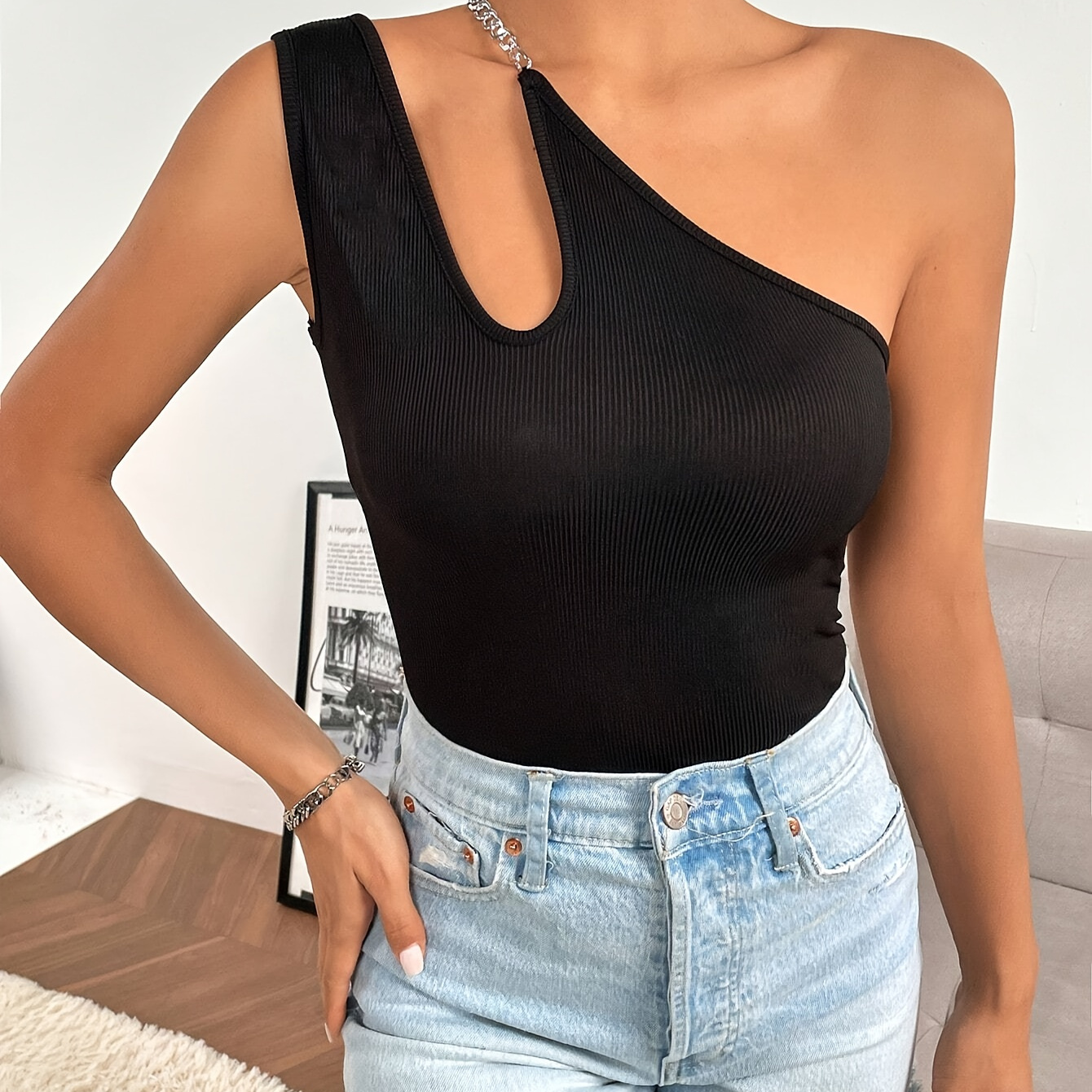 

Chain Decor 1 Shoulder Tank Top, Casual Cut Out Sleeveless Tank Top For Summer, Women's Clothing