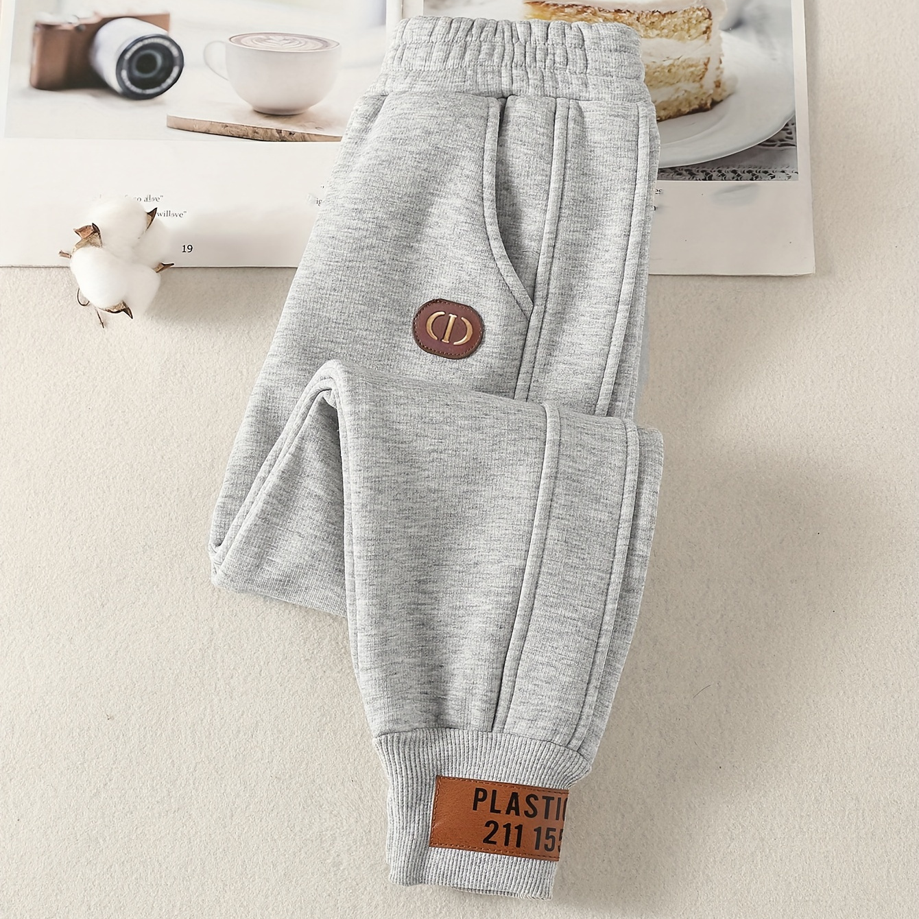 

Boys Stylish Patched Fleece Sweatpants, Warm Trousers, Boy's Clothes For Fall Winter, As Gift