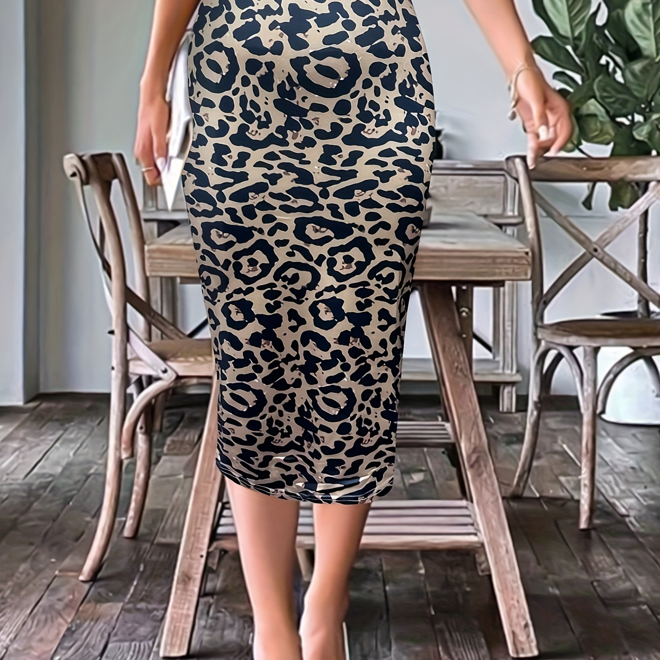 Leopard Print Pencil Skirts Elegant High Waist Knee Length Skirts Women s Clothing