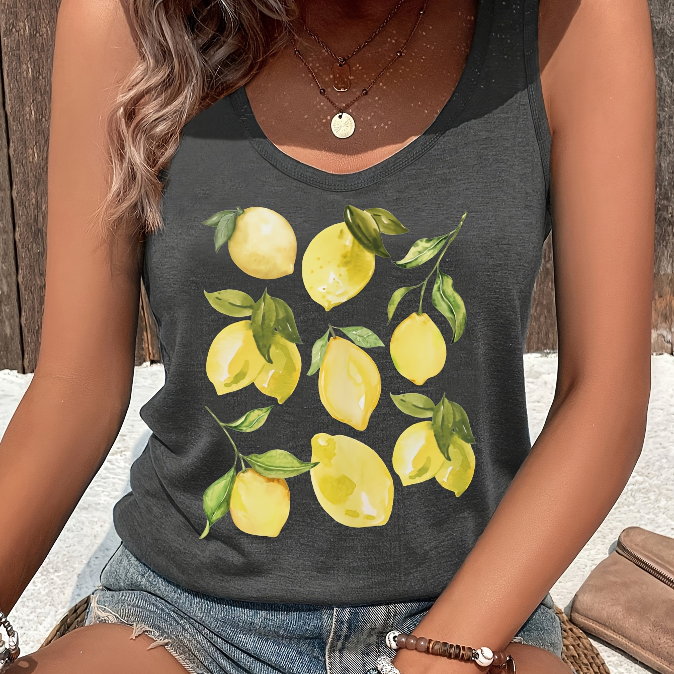 

Lemon Print Tank Top, Sleeveless Casual Top For Summer & Spring, Women's Clothing