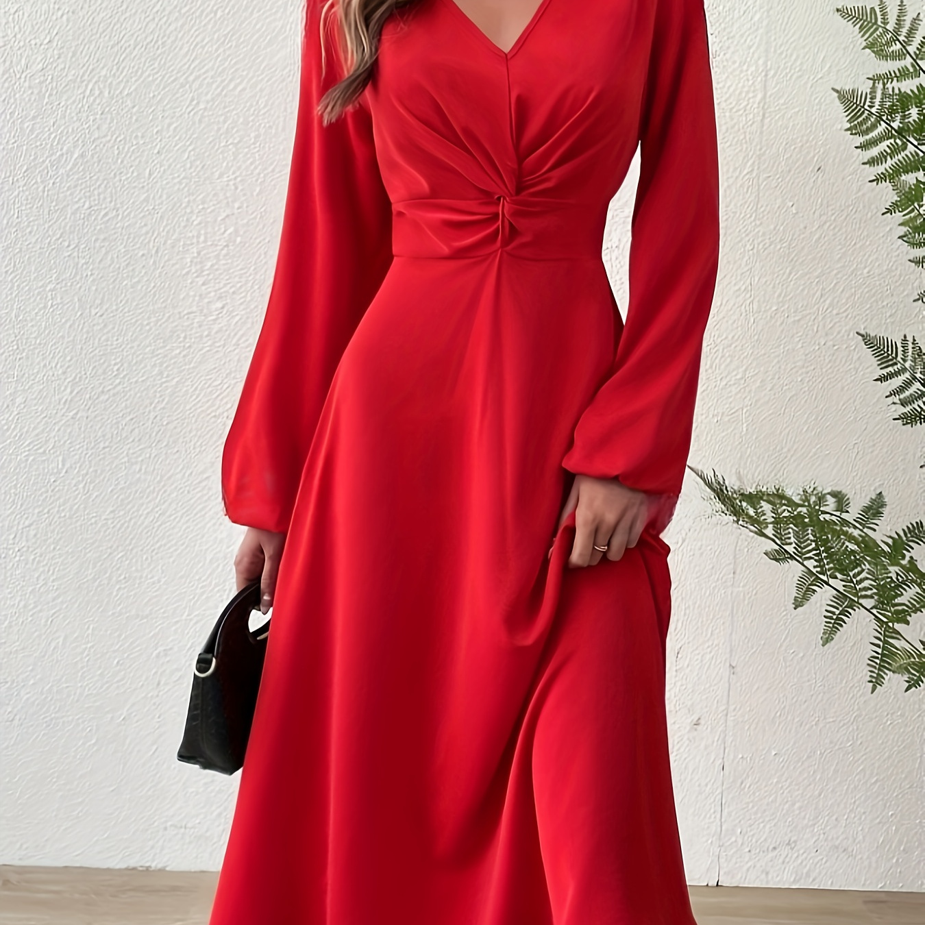 

Twist Front V Neck A-line Dress, Elegant Long Lantern Sleeve Midi Dress For Spring & Fall, Women's Clothing