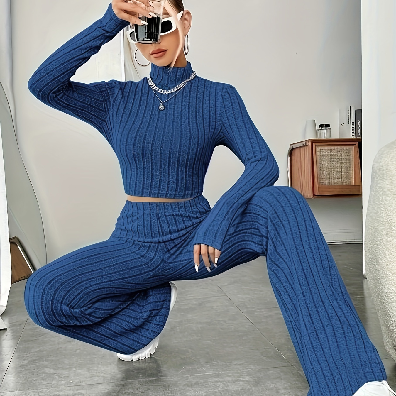 

Elegant Solid Color Ribbed Knit Sweater & Pants Set - High Neck, Long Sleeve, Machine Washable - Women' For Fall/winter