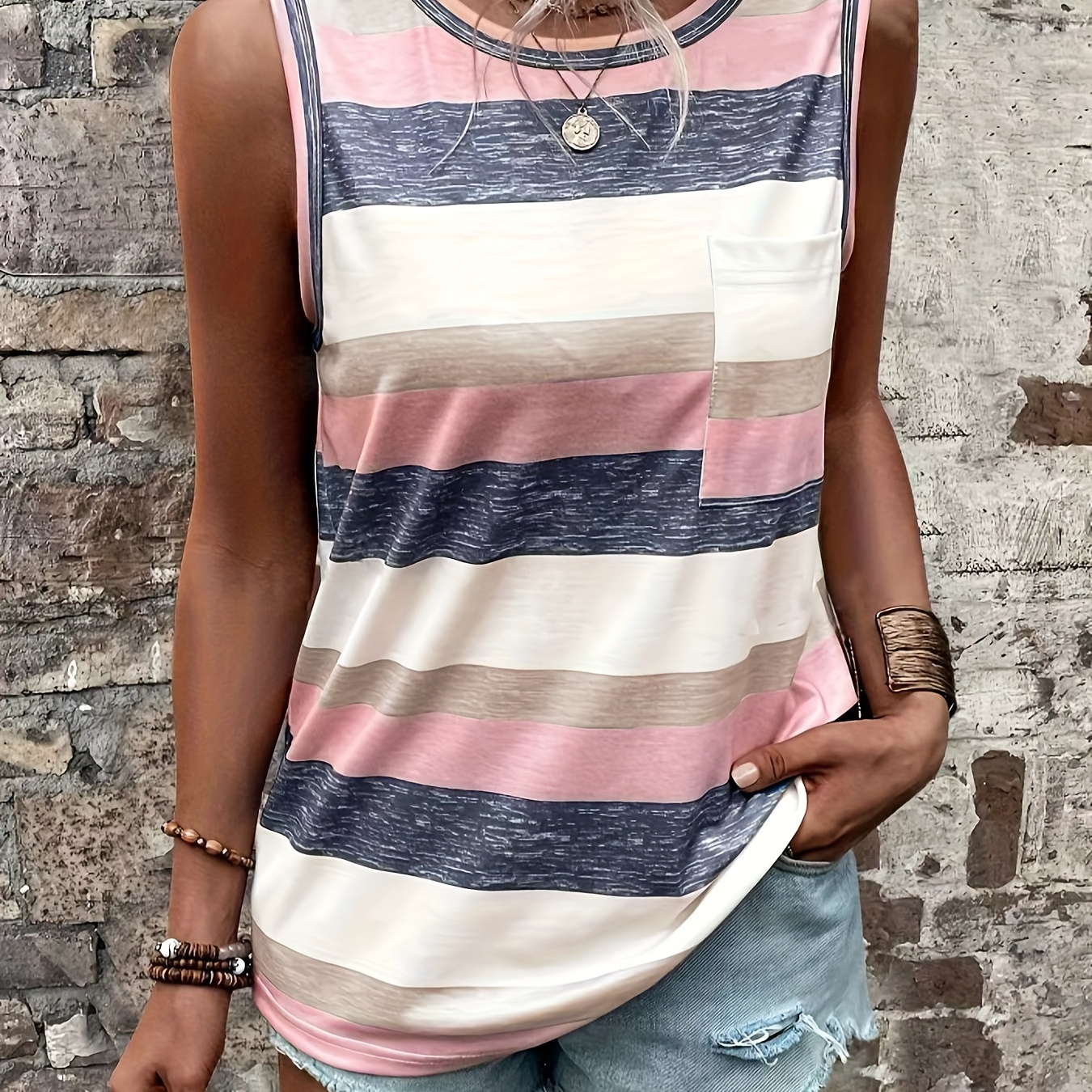

Striped Print Crew Neck Tank Top, Casual Sleeveless Patched Pocket Tank Top For Spring & Summer, Women's Clothing