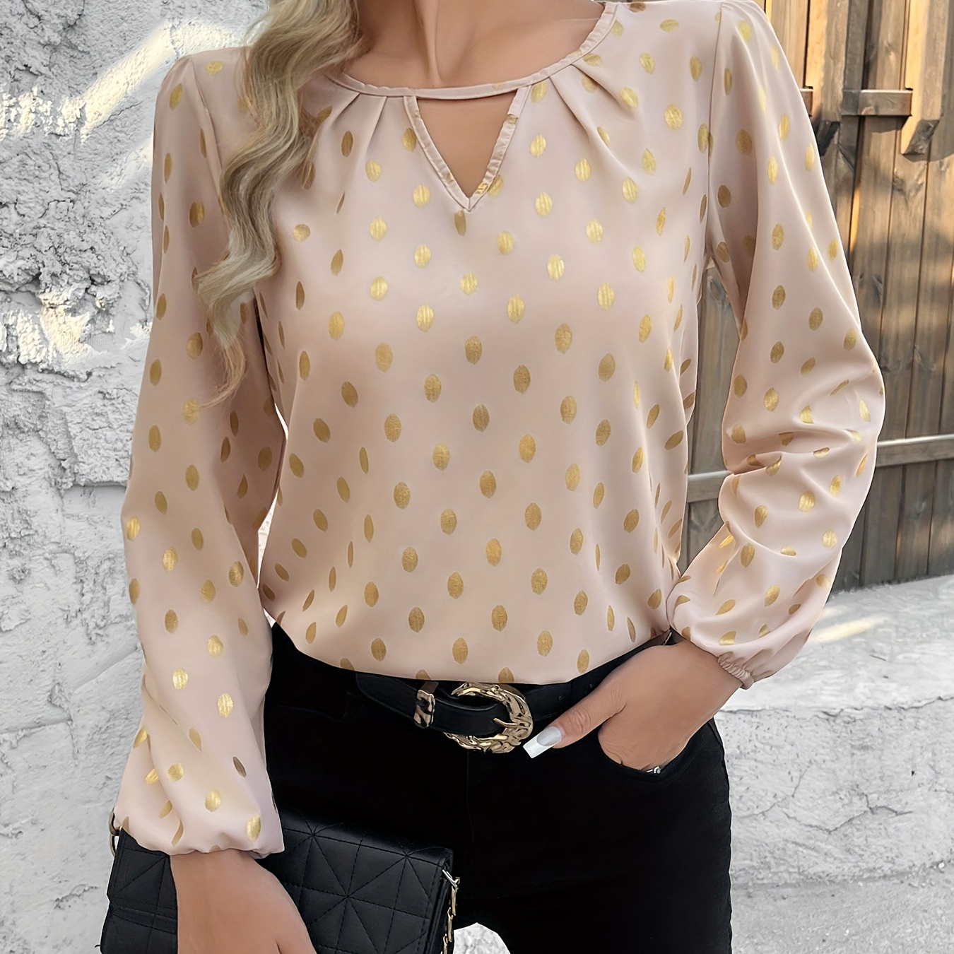 

Print Cut Out Blouse, Elegant Lantern Sleeve Pleated Loose Blouse For Spring & Fall, Women's Clothing