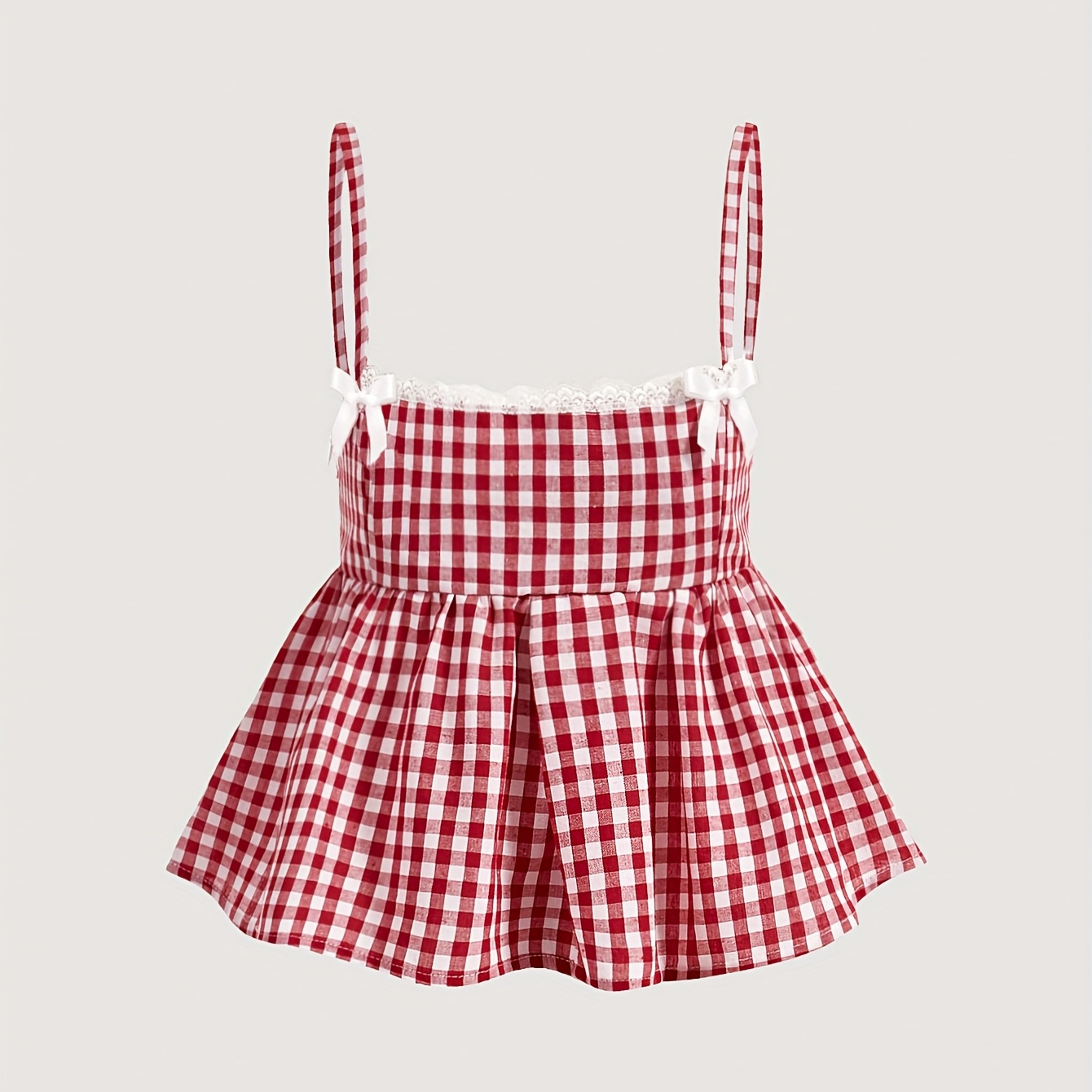 

Women's Red And White Gingham Checkered Halter Top With Bow Detail - Casual Sleeveless Skirted Design For Spring, Summer, And Fall