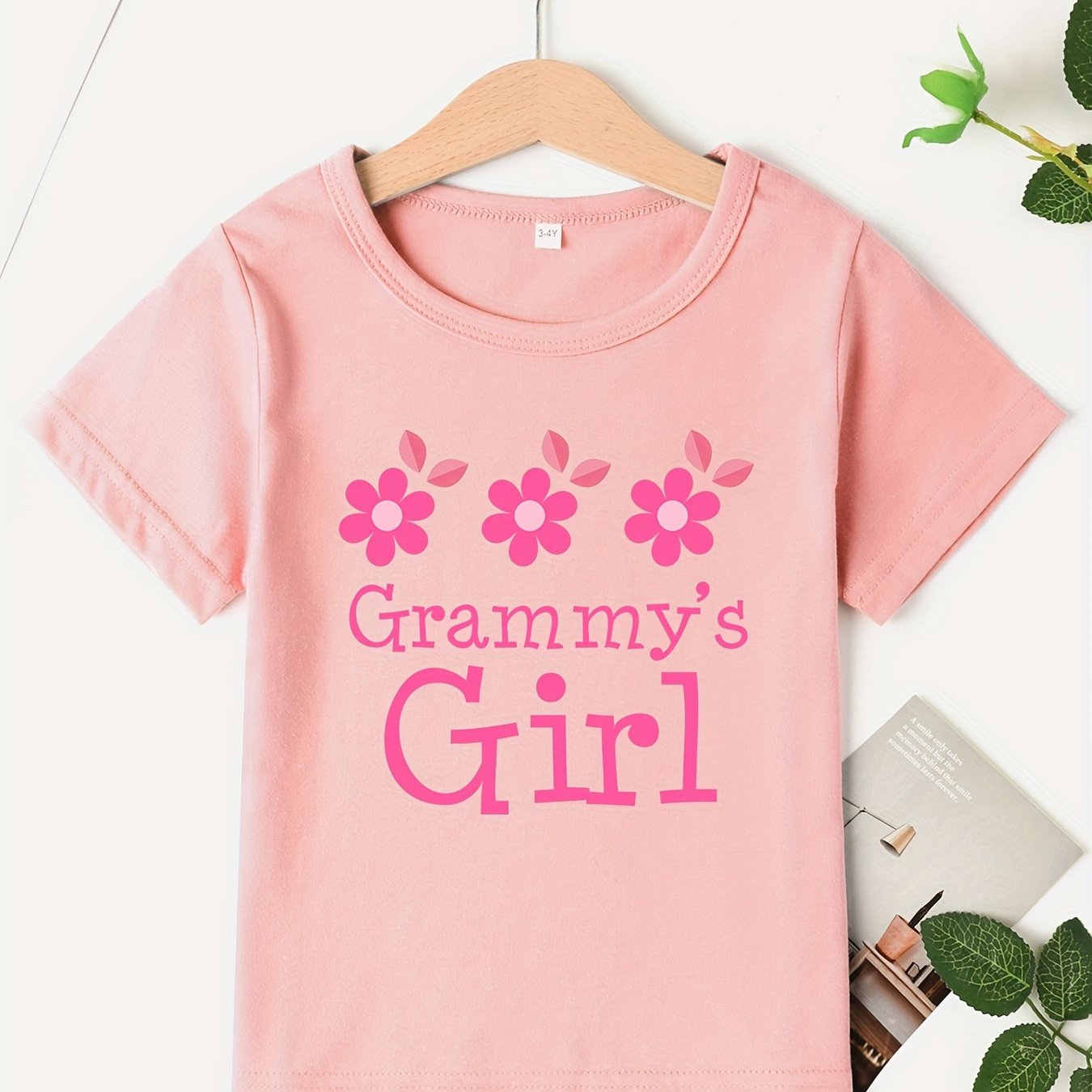 

Grammy's Girl & Flowers Graphic Print, Girls' Stylish & Casual Short Sleeve Crew Neck Tee For Spring & Summer, Girls' Clothes, As Gifts