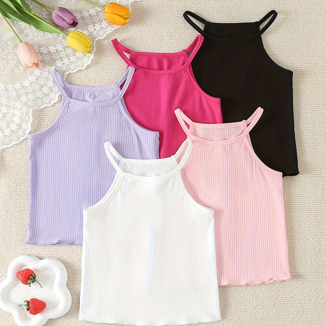 

5pcs Girls Ribbed Tank Tops Ruffle Trim Solid Color Stylish Spaghetti Straps Bottoming Shirt Top, Kids Summer Clothing