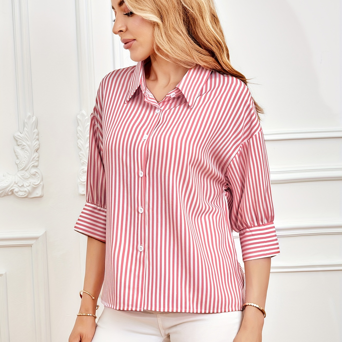 

Stripes Print Button Front Shirt, Elegant Lapel Neck Long Sleeve Shirt For Spring & Fall, Women's Clothing