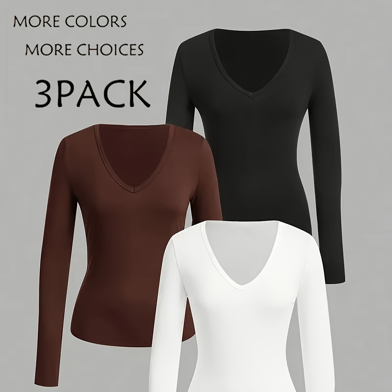 

Elegant Polyester V-neck T-shirt 3-pack For Women, Solid Color Long Sleeve Tops With High Stretch, Knit Fabric, Regular Fit For Spring/fall - Comfortable, Breathable Casual