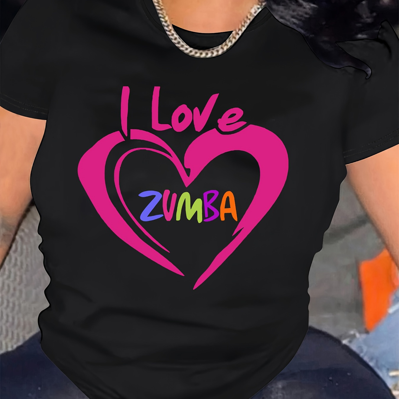 

Women's Casual Sports T-shirt Top, Plus Size Heart & Slogan Print Stretchy Round Neck Breathable Fabric Short Sleeve Fitness Tee Top