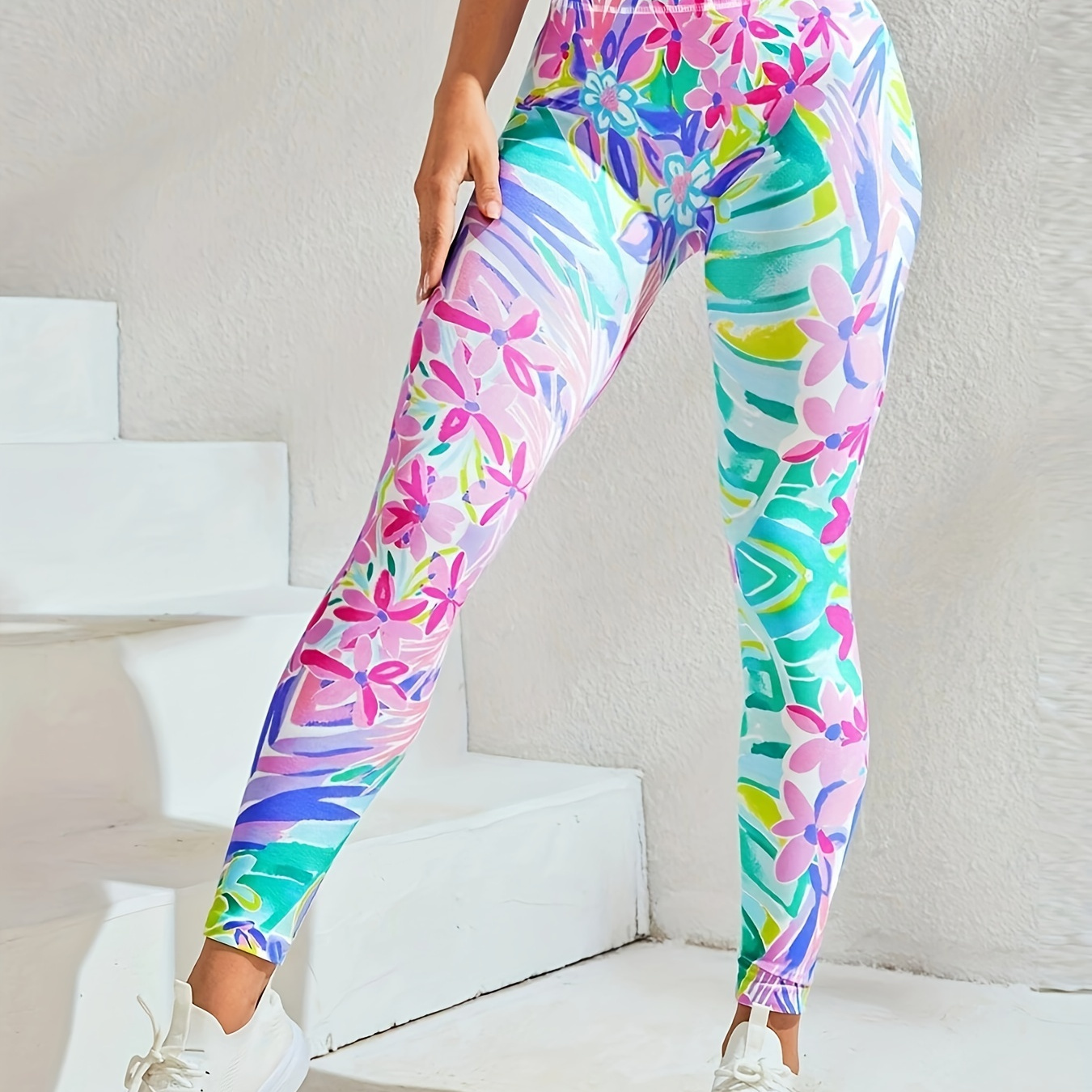 

Leggings De Sport Coupe Ajustée À Blocs De Couleurs Florales, Pantalons De Yoga Extensibles Pour Course À Pied, Vêtements De Sport Pour Femmes