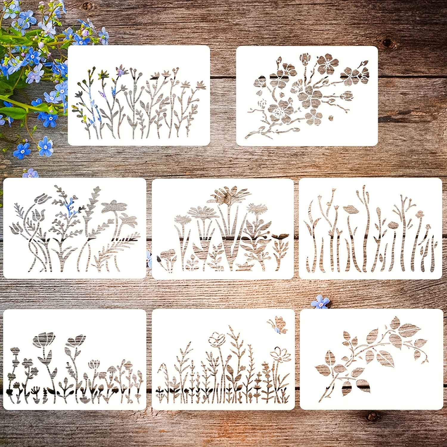 

8pcs Reusable Stencils For Crafts, Wild Flower Stencils Art Painting Template, Drawing Stencils For Diy Walls Doors Window Furniture Wood, 4.7 X 5.9 Inch