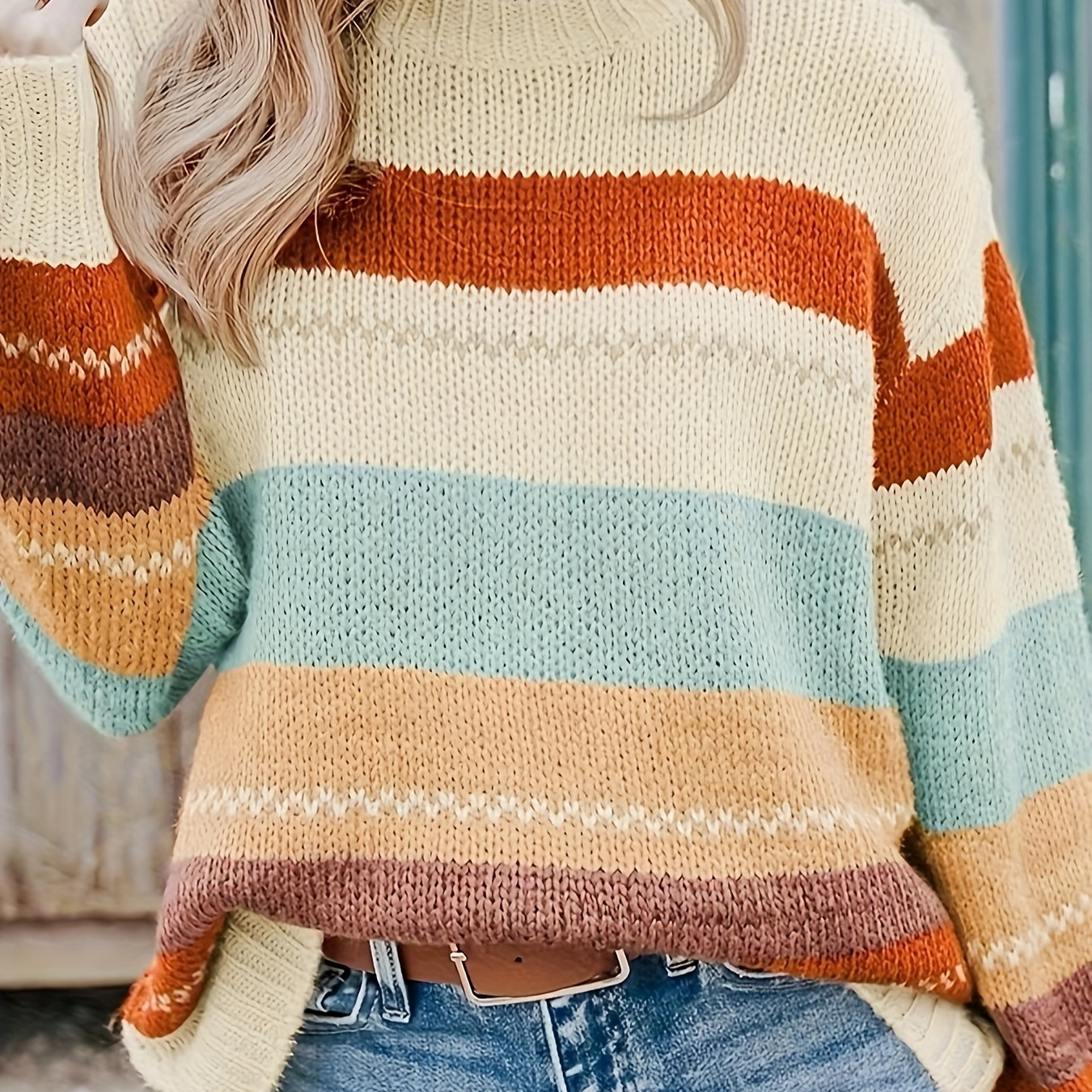 

Striped Crew Neck Knitted Sweater, Casual Long Sleeve Drop Shoulder Pullover Sweater For Fall & Winter, Women's Clothing