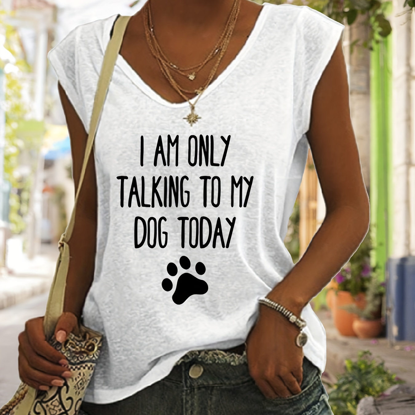 

Only Talk To My Dog Print Tank Top, Sleeveless Casual Top For Spring & Summer, Women's Clothing