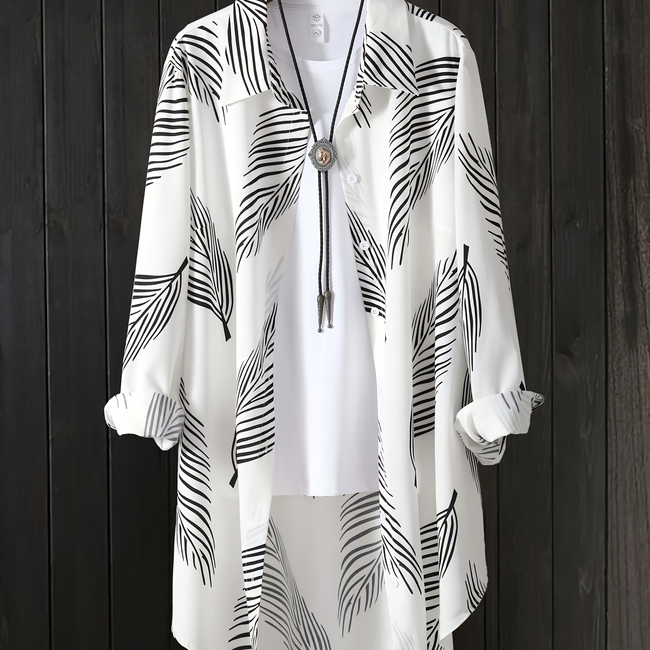 

Plus Size Leaves Print Shirt, Casual Long Sleeve Button Front Shirt, Women's Plus Size clothing