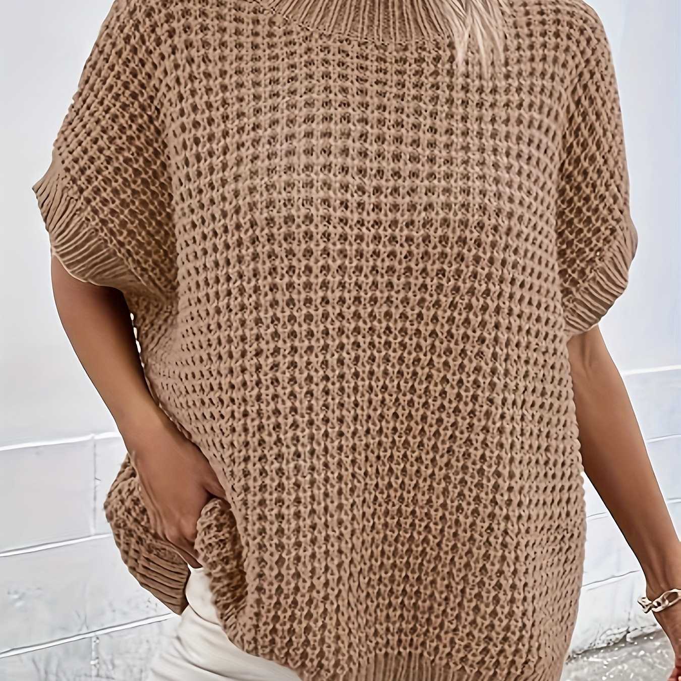 

Cozy Chic Knit Sweater For Women - Soft Acrylic, Classic Crew Neck, Short Sleeve Pullover With Relaxed Fit, All And