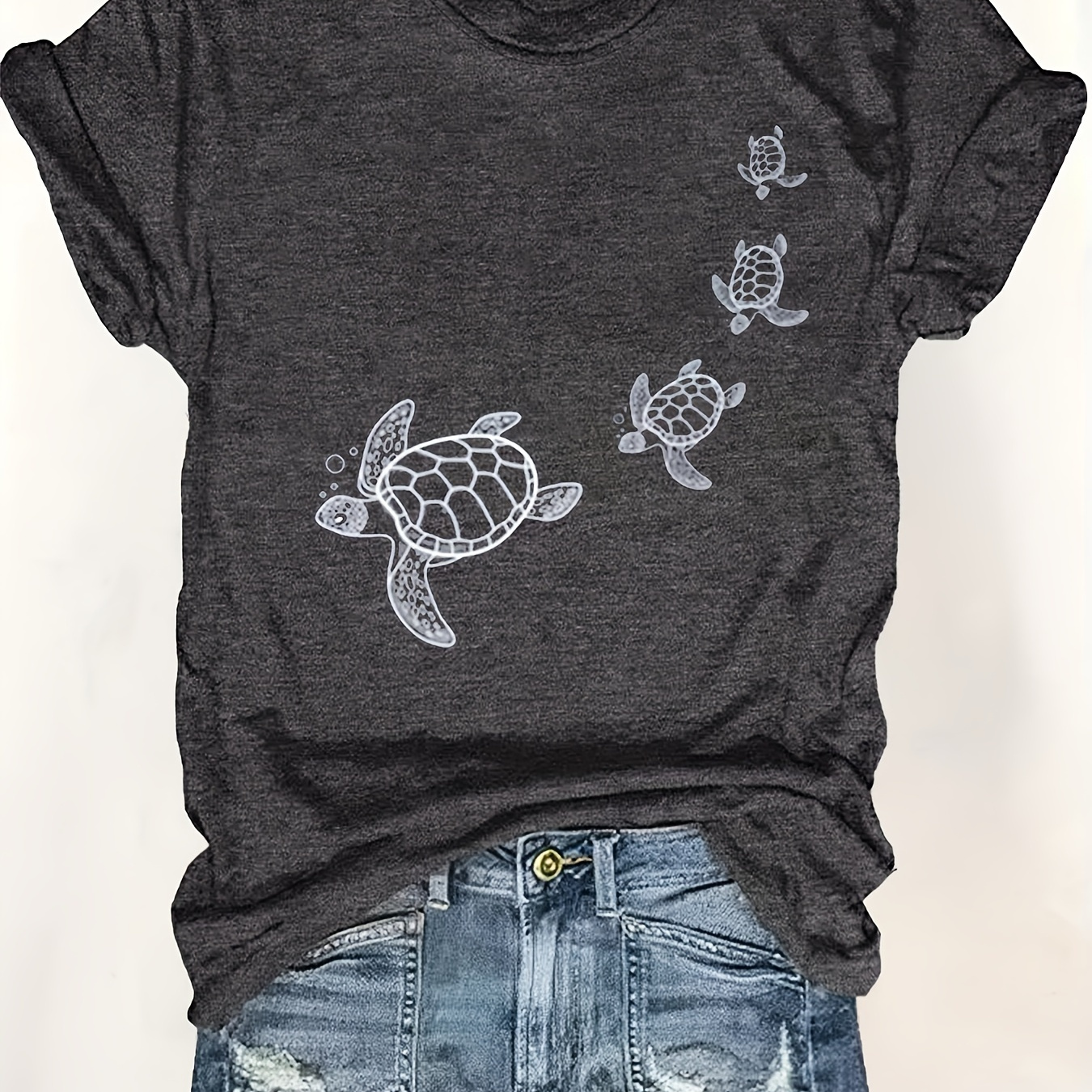 

Turtle Print Crew Neck T-shirt, Casual Short Sleeve Top For Spring & Summer, Women's Clothing