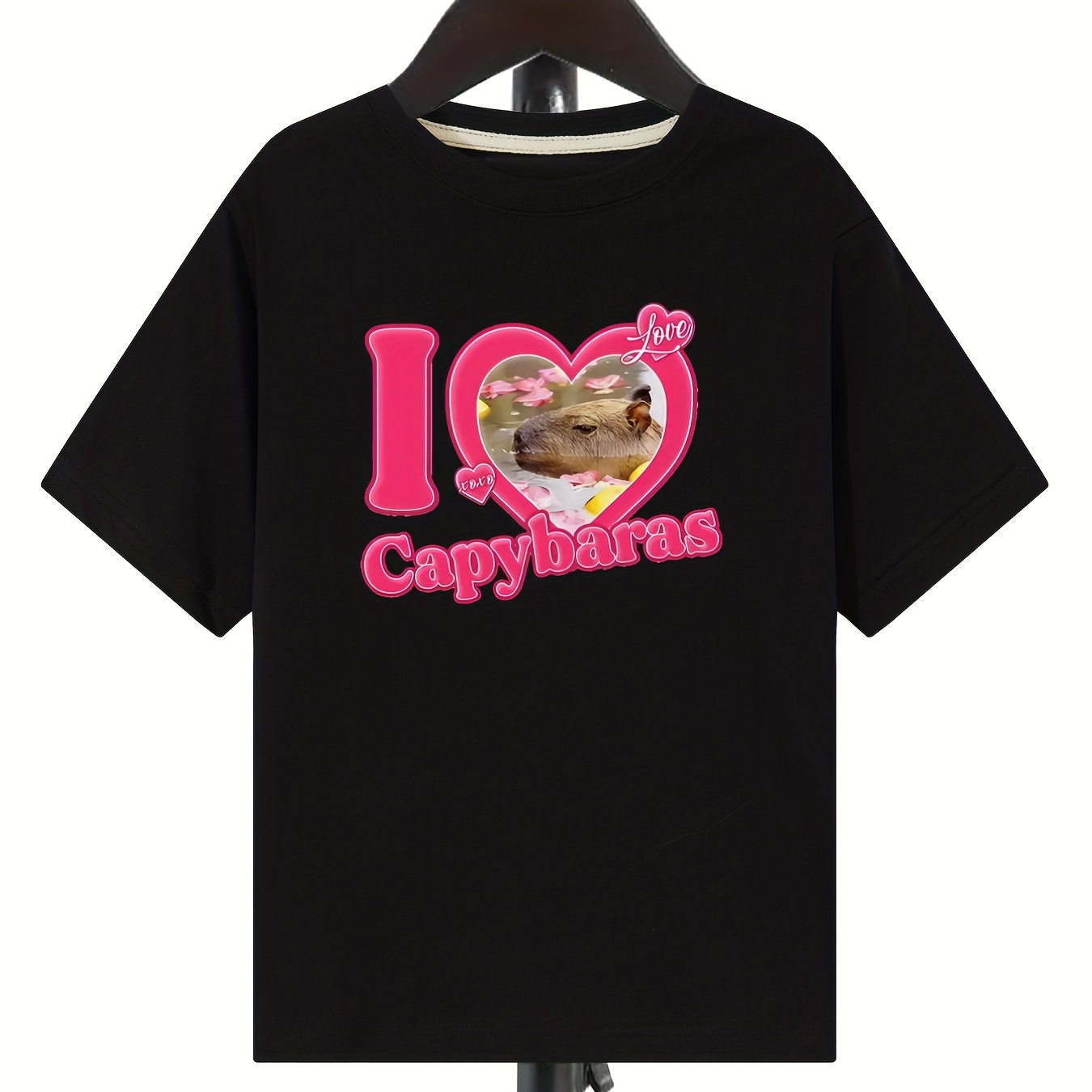 

Stylish I Love Capybaras Letter Print Boys Creative T-shirt, Casual Lightweight Comfy Short Sleeve Tee Tops, Kids Clothings For Summer