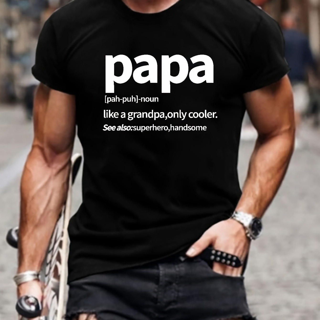 

Papa Print Short Sleeve T-shirts For Men, Plus Size Stretchy Graphic Tees For Summer Casual Daily Style