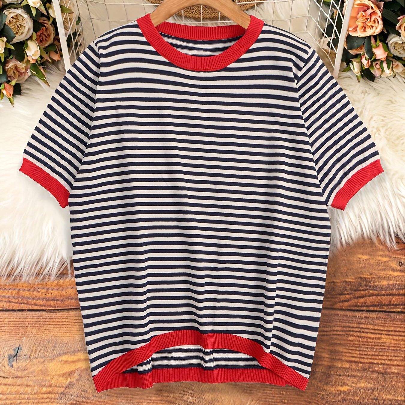 

Striped Pattern Crew Neck Sweater, Casual Color Block Short Sleeve Pullover Knitted Top For Spring & Summer, Women's Clothing