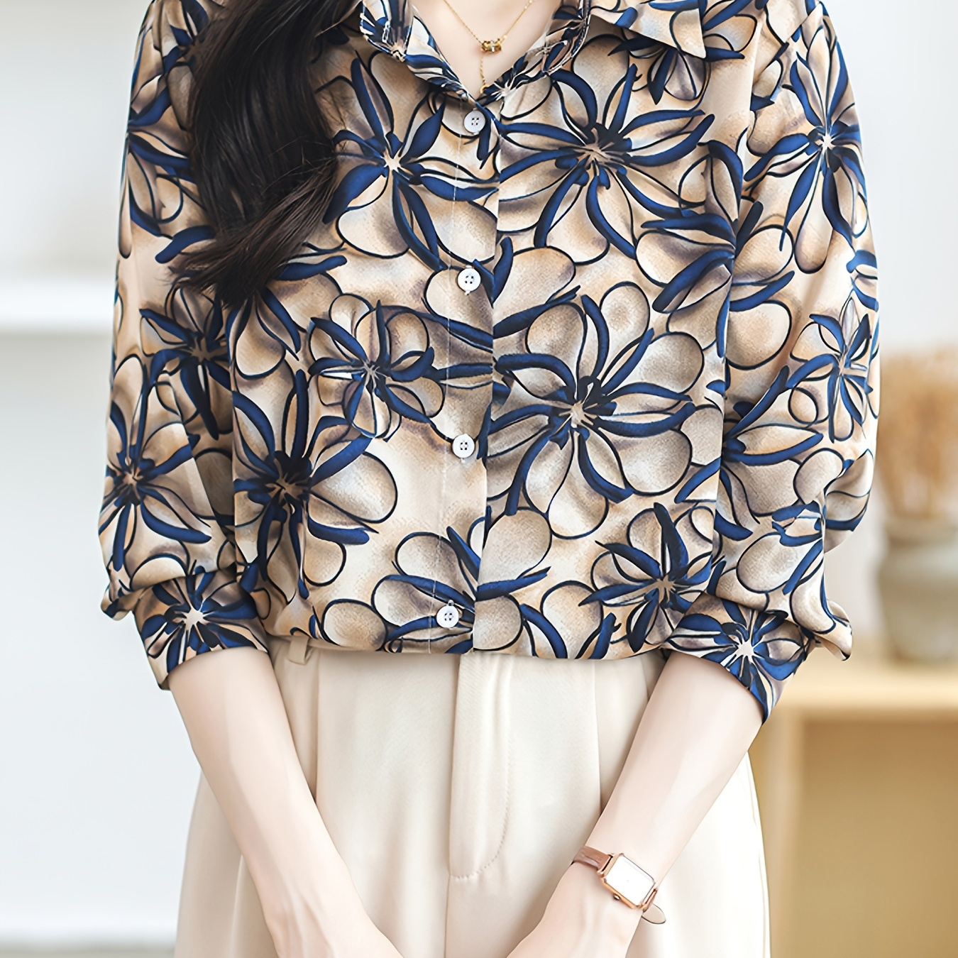 

European-style 3d Printed Fashionable Collar Shirt For Women, New Arrival For Spring And Autumn, French Minimalist Luxury With A Of Premium, Long-sleeve Blouse.