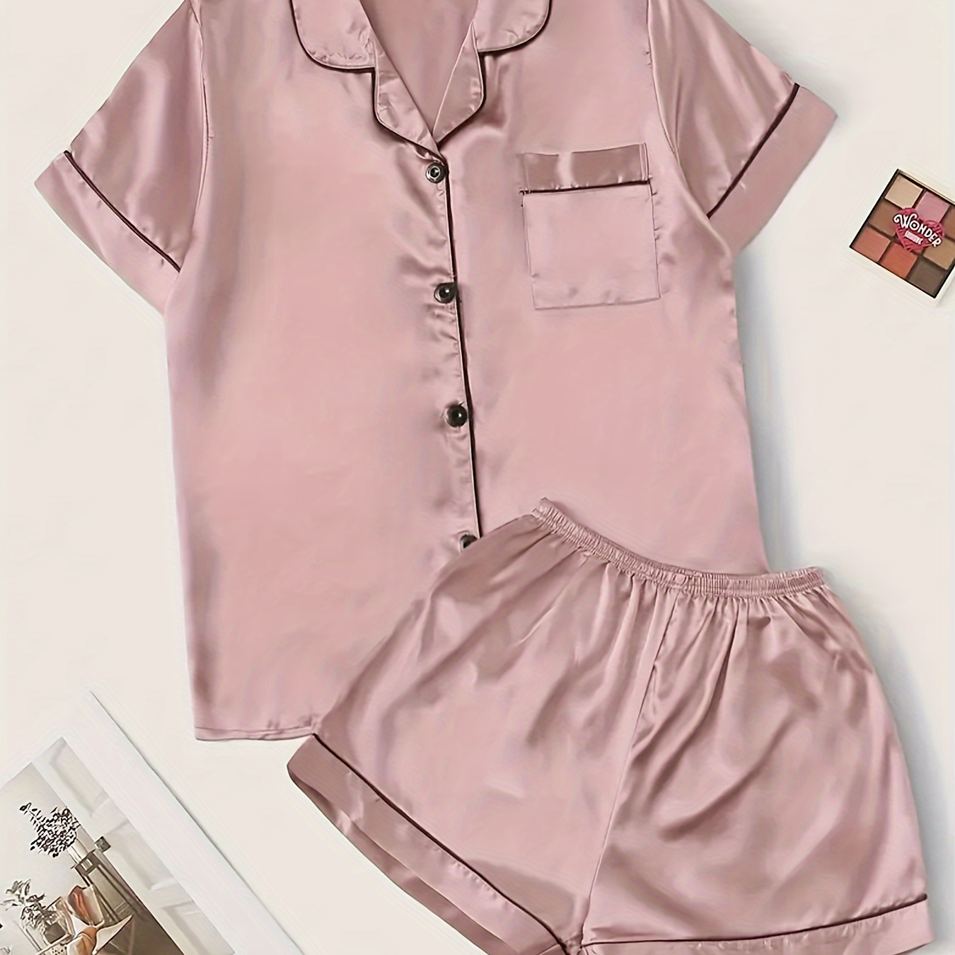 

Casual Solid Satin Pajama Set, Short Sleeve Button Up Lapel Collar Top & Elastic Shorts, Women's Sleepwear & Loungewear