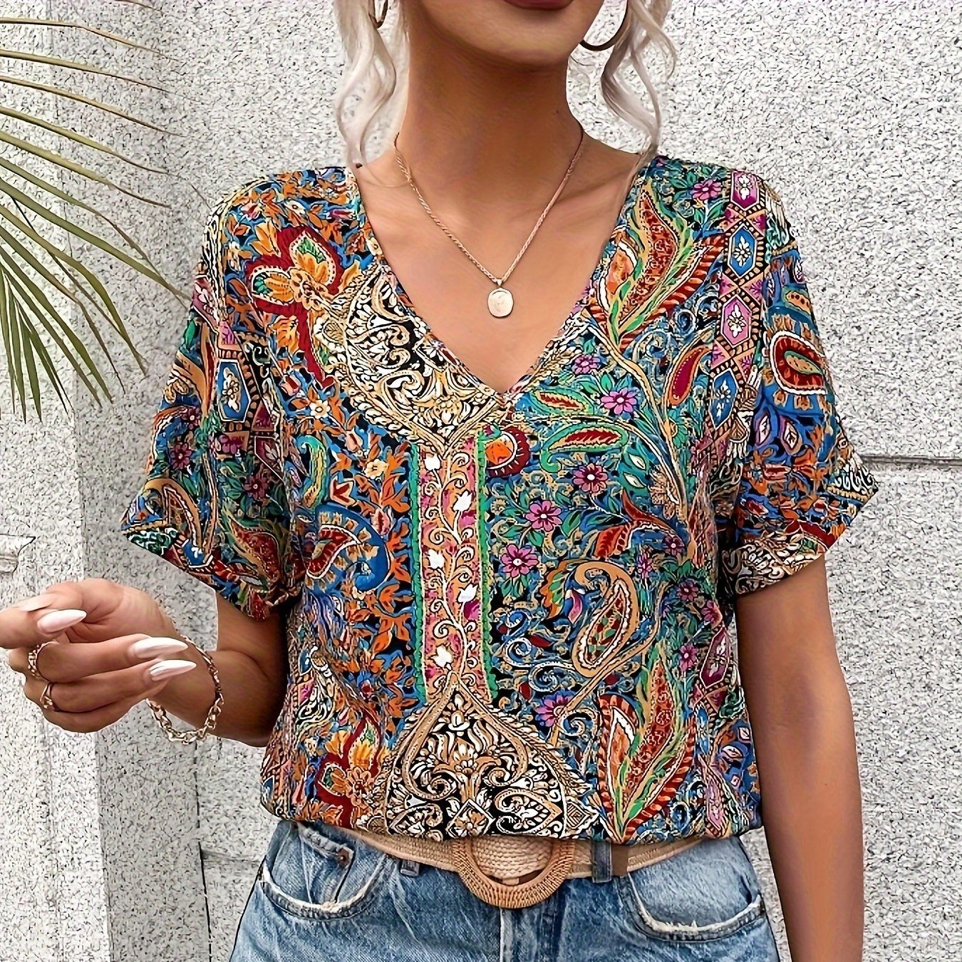 

Paisley Print V Neck Blouse, Elegant Short Sleeve Blouse For Spring & Summer, Women's Clothing