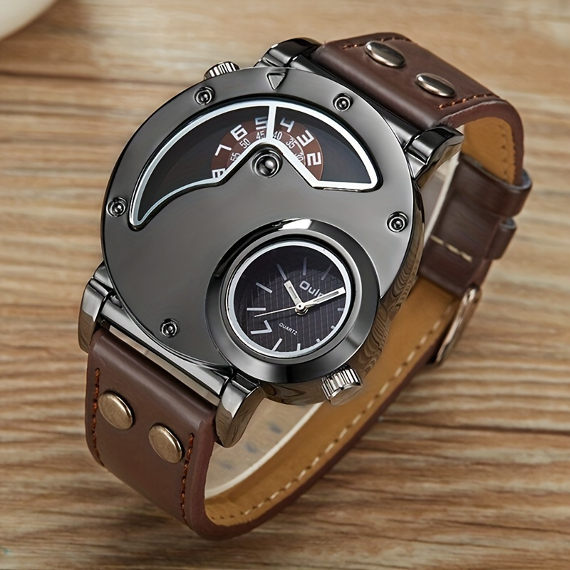 

Oulm Unique Double fuseau horaire sport montre à quartz mâle horloge décontracté en cuir PU montre-bracelet militaire montres pour hommes, choix idéal pour les cadeaux