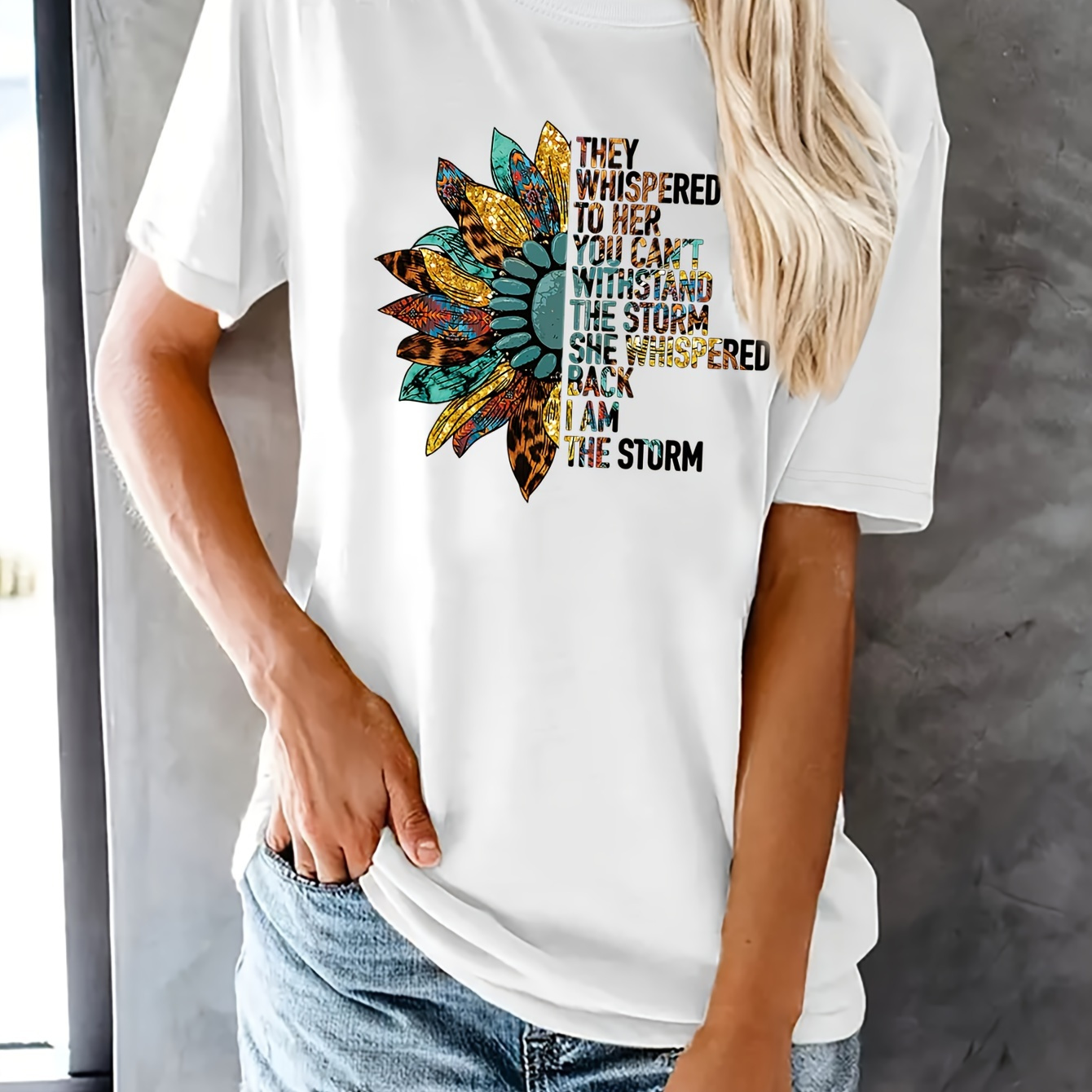 

Sunflower Print Crew Neck T-shirt, Casual Short Sleeve T-shirt For Spring & Summer, Women's Clothing