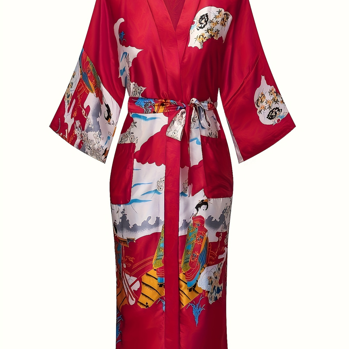 

Floral Print Night Robe, Long Sleeve V Neck Robe With Belt, Women's Sleepwear