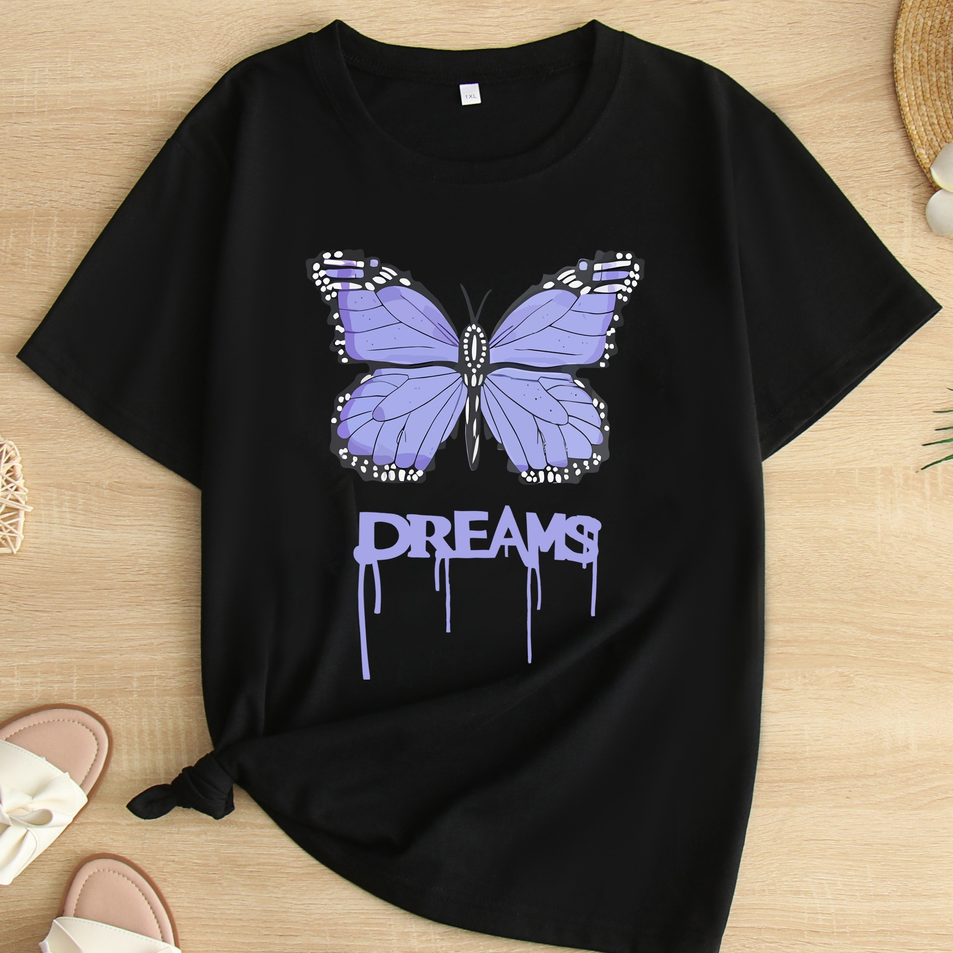 

Plus Size Butterfly & Dreams Print T-shirt, Casual Short Sleeve Crew Neck Top For Spring & Summer, Women's Plus Size Clothing