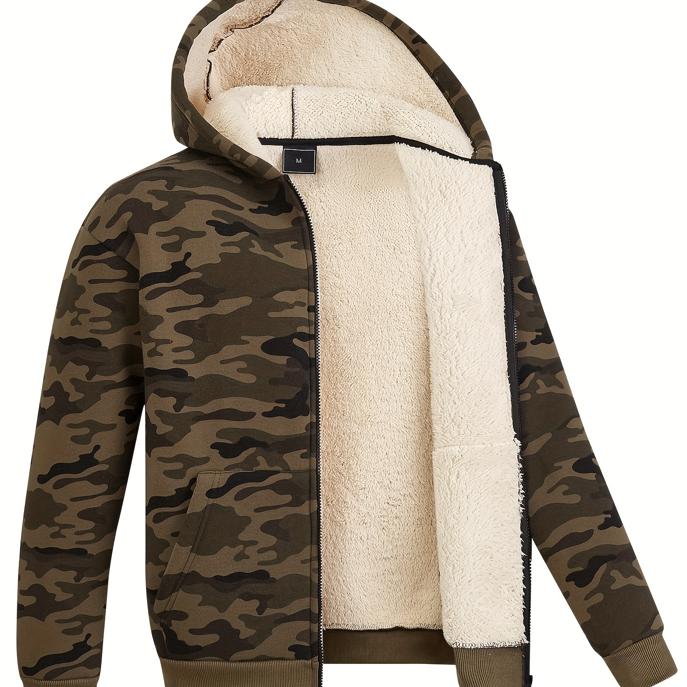 

Warm Fleece Camo Hooded Winter Hooded Jacket, Men's Casual Stretch Zip Up Jacket Coat For Fall Winter