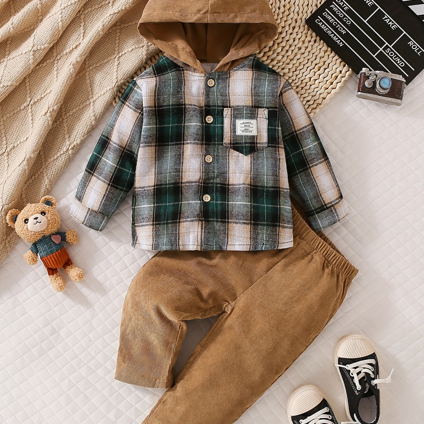

Baby Boys Handsome Stylish Plaid Long Sleeve Hooded Shirt Pants Set, Kids Casual Outwear 2pcs Outfits