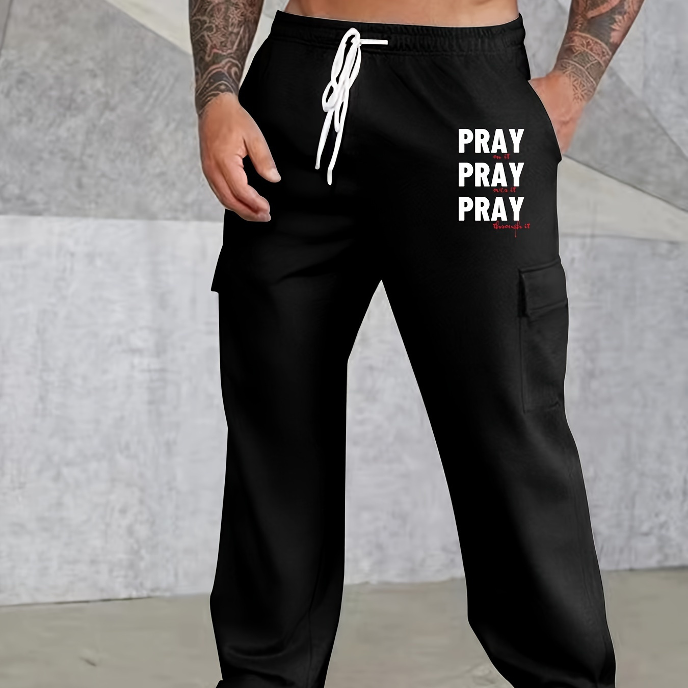 

Plus Size Men's "pray" Graphic Print Cargo Pants For Outdoor Sports