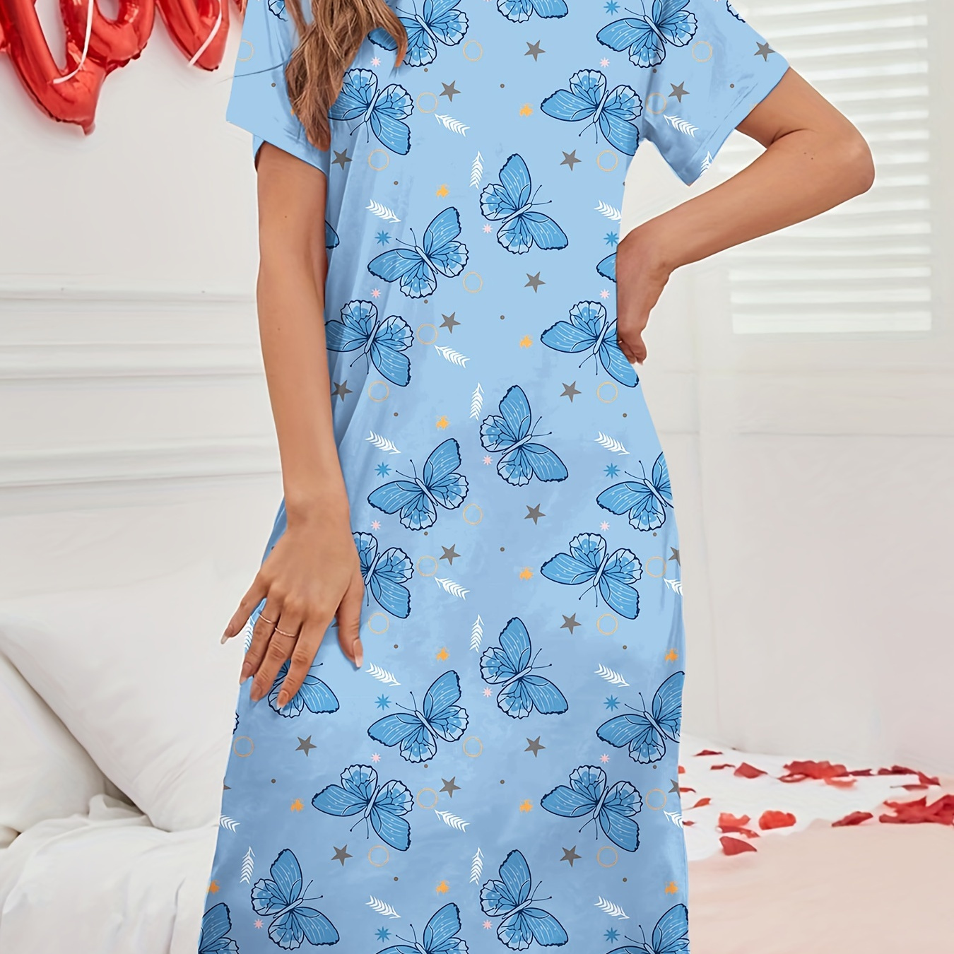 

Gentle Touch] Women's Comfy Print Short Sleeve Sleep Dress - Casual Round Neck, Soft Polyester , Spring/