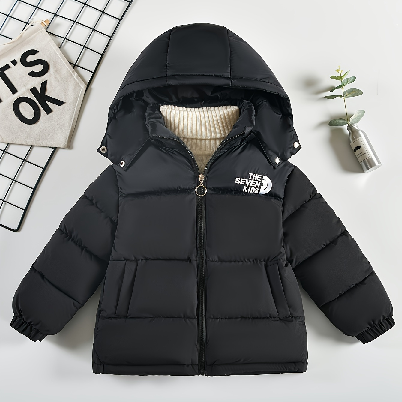 

Youth Fashion Hooded Puffer Outerwear With Removable Hood - Casual Embroidered Letter Design, Cotton For Winter , Loose Fit, Like A , Recommended To Take A Smaller Size