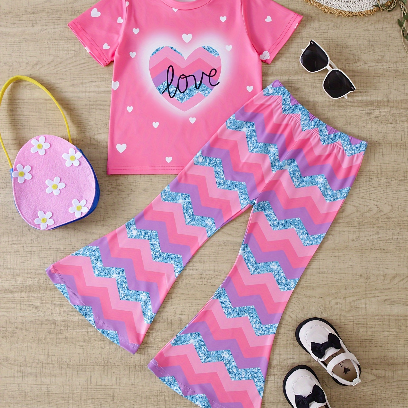 

Dreamy Tie Dye Pattern 2pcs Heart Graphic Outfits For Girls Spring Summer Valentine's Day Gift