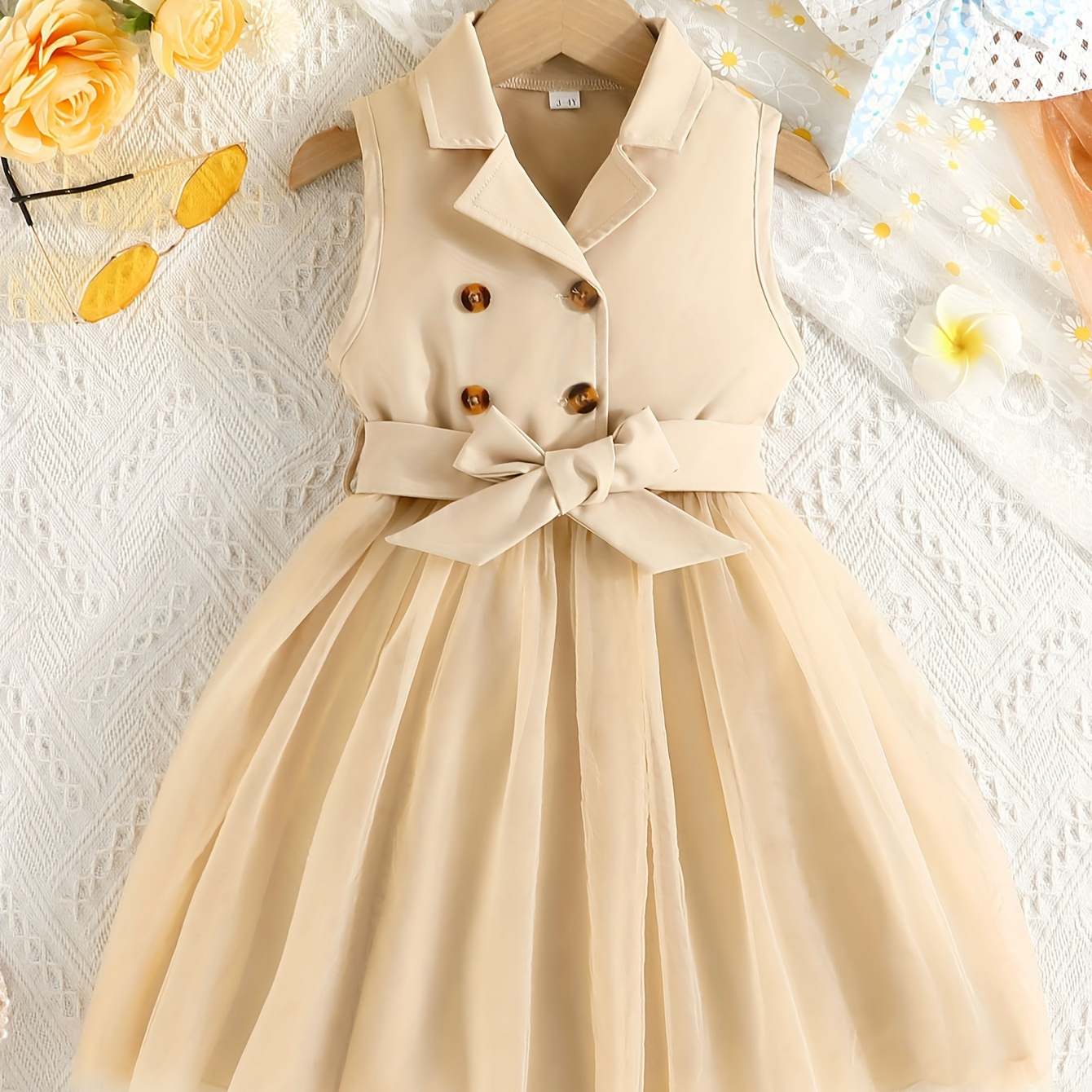 

Baby Girls Solid Mesh Sleeveless Lapel Casual Mesh Dress