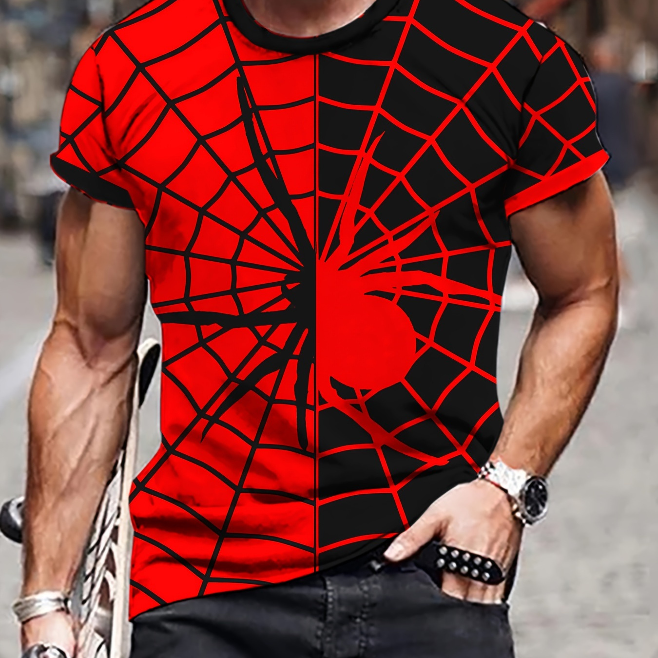 

Men's Spider Print T-shirt, Casual Short Sleeve Crew Neck Tee, Men's Clothing For Outdoor
