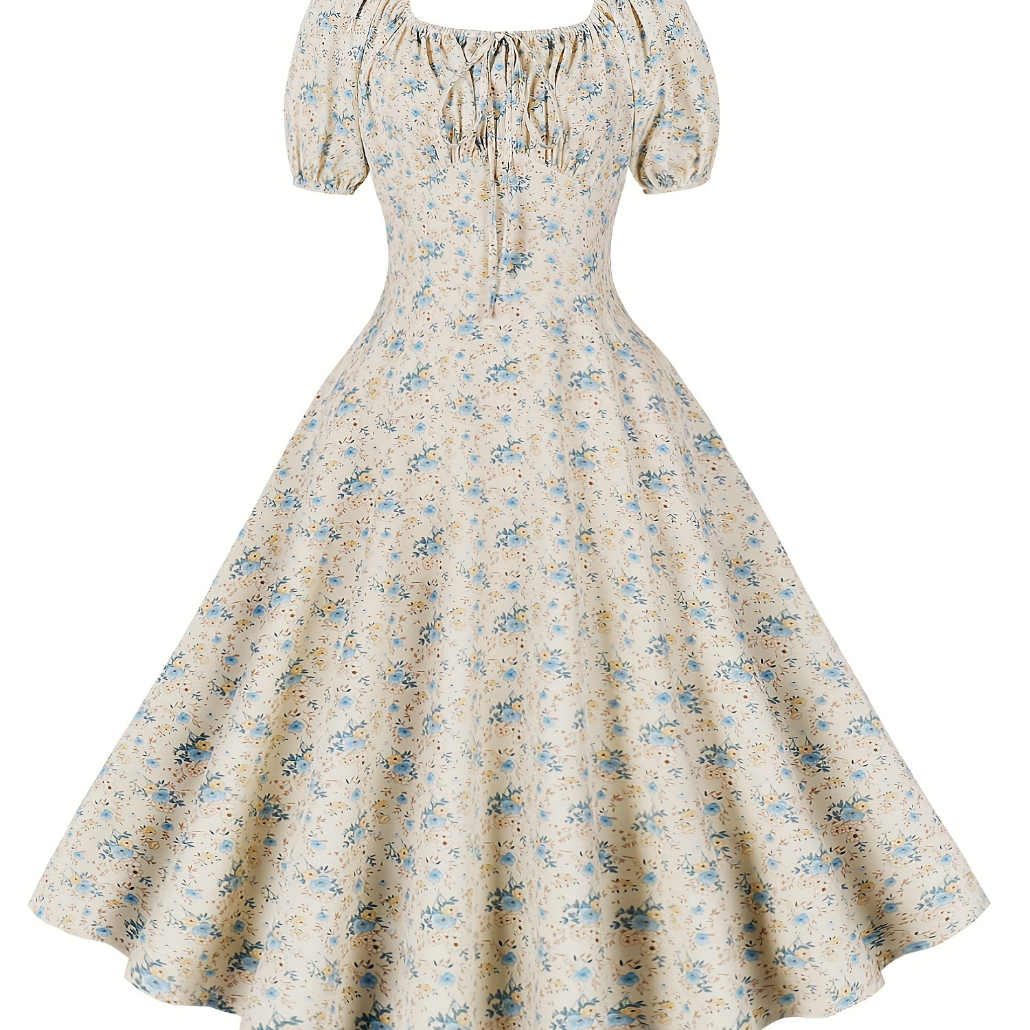 

Robe trapèze à imprimé floral vintage pour femme - Robe pendule trapèze % polyester avec et détail nœud, robe d'été tissée pour soirée