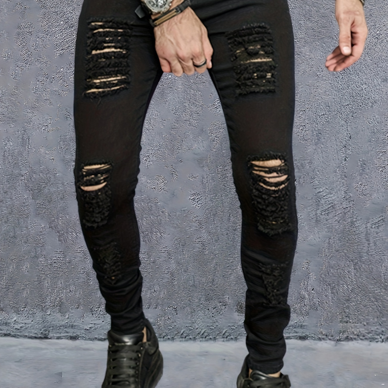 

Men's Solid Color Skinny Ripped Denim Pants, Street Style Stylish Jeans
