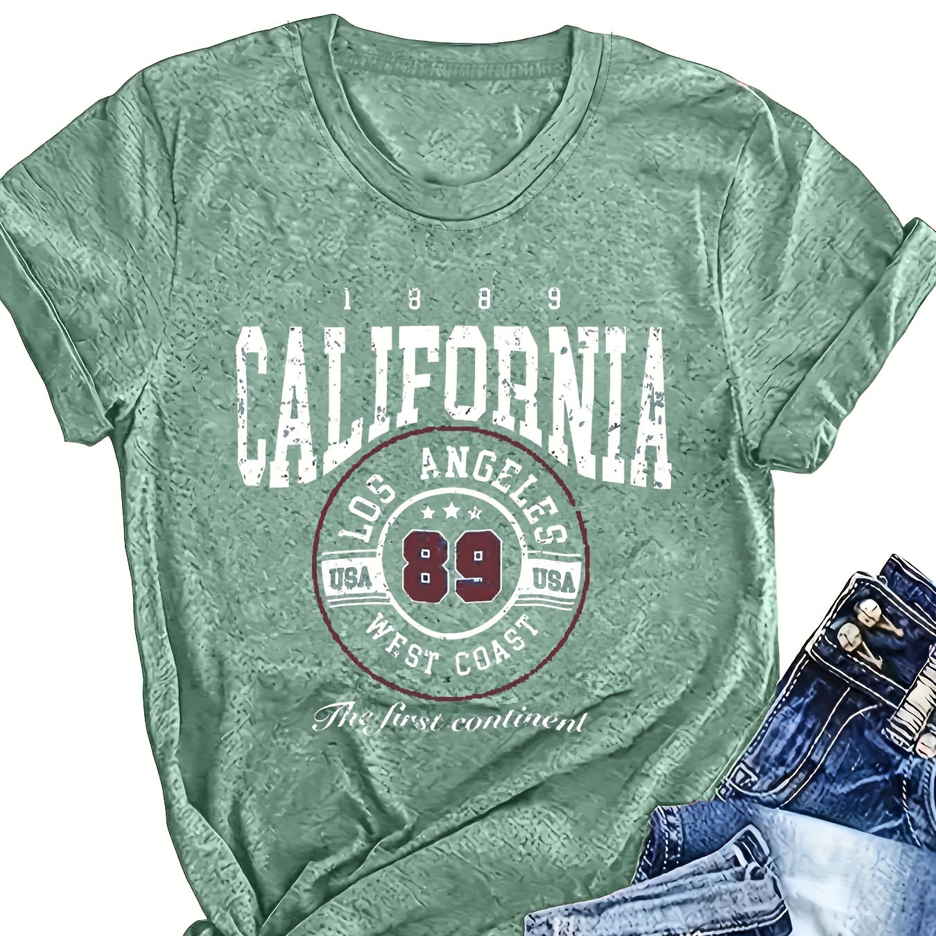 

California Los Angeles Graphic Crew Neck T-shirt - Women's Casual Short Sleeve Knit Tee For Summer, Geometric Regular Length Top